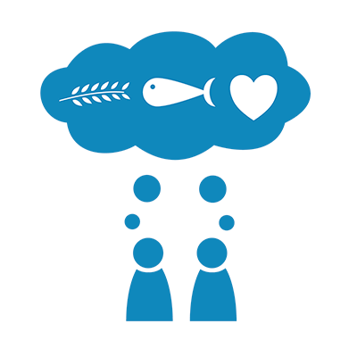 Icon showing two people with combined thought bubble with grain, fish and a heart